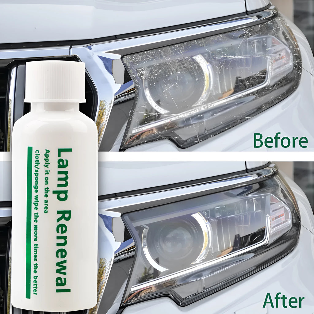 Car headlight repair liquid bottle in 20ml and 50ml sizes for restoring yellowed and oxidised headlight lenses