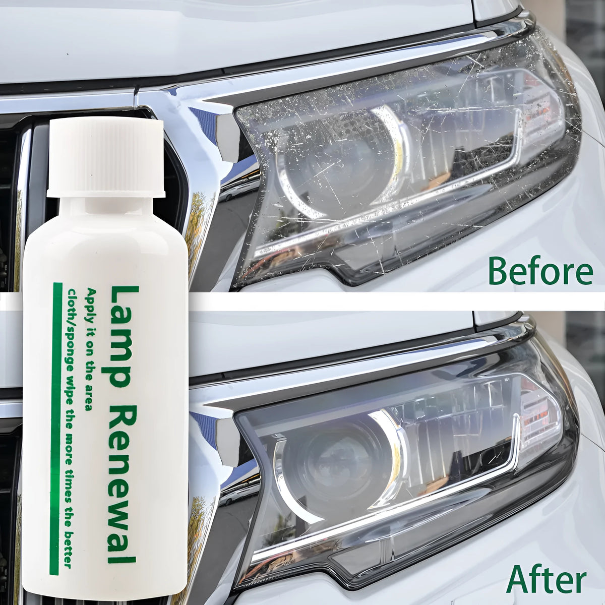 Car headlight repair liquid bottle in 20ml and 50ml sizes for restoring yellowed and oxidised headlight lenses