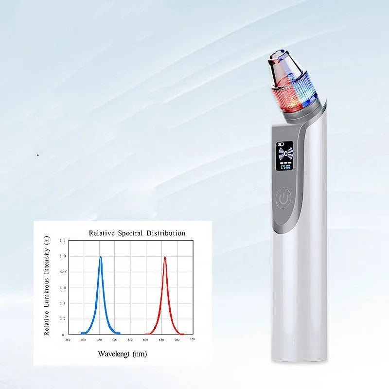 White handheld ultrasonic facial cleansing instrument with interchangeable suction heads on a clean surface.