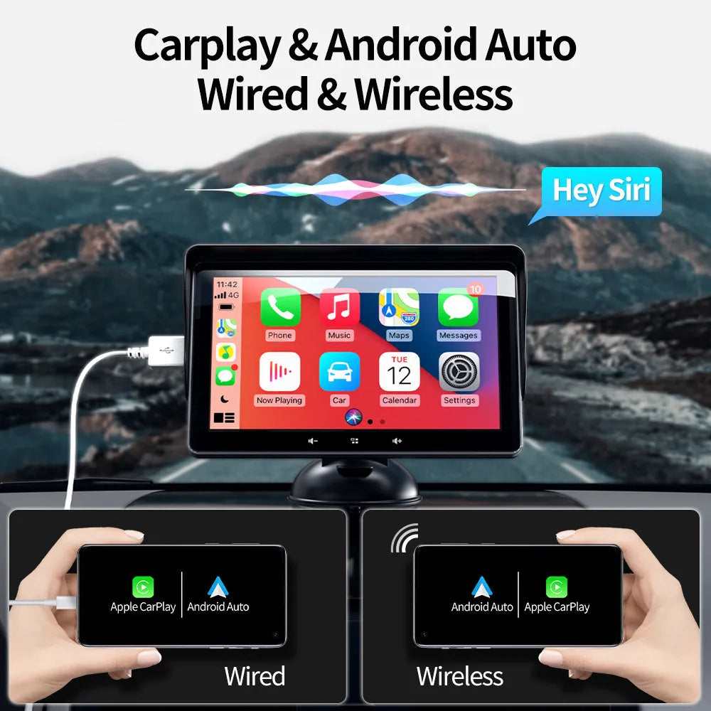 7 inch wireless CarPlay display mounted on a car windscreen with suction cup, showing iPhone apps on screen.