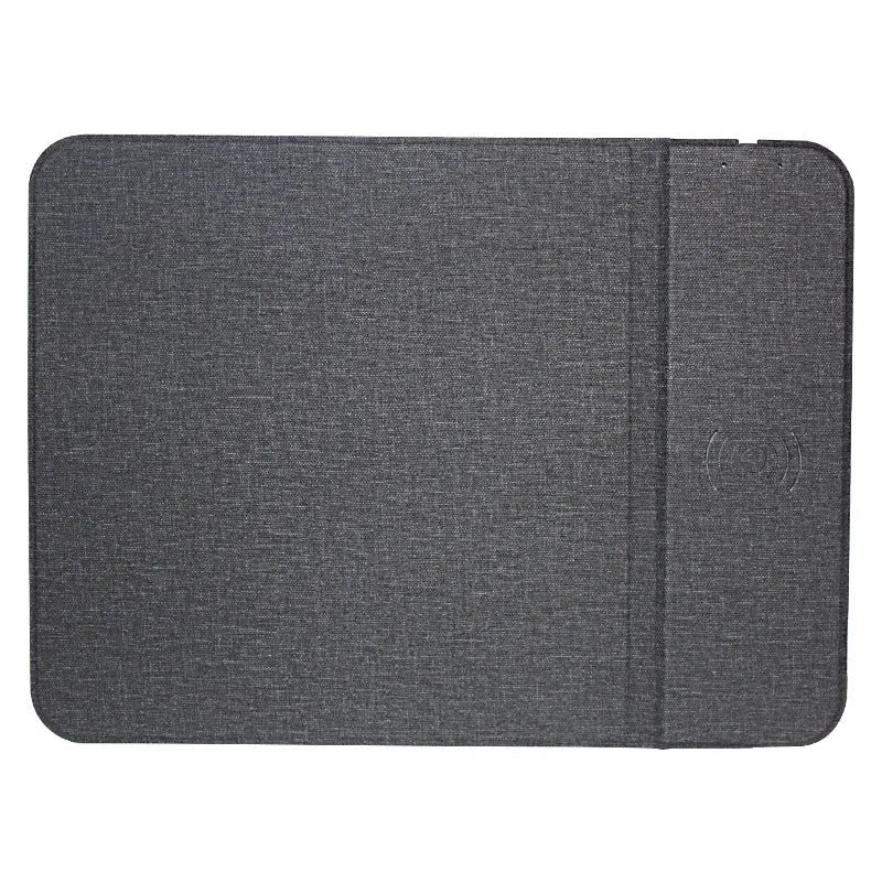 Grey foldable fabric phone holder for 10W wireless charging, shown open on a desk.