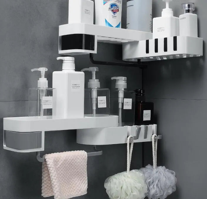 Retro European bathroom corner shelf with suction mount in white and grey colour option