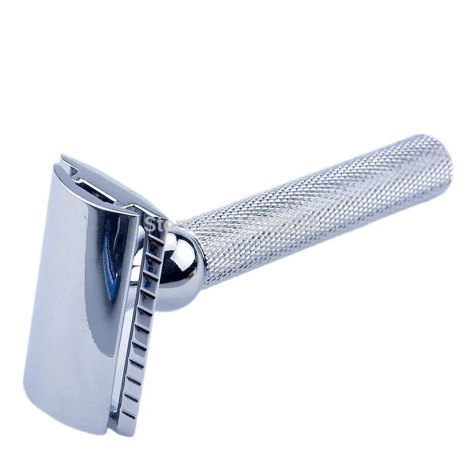 CSB chrome and black shaving set with safety razor, badger hair brush, stand, bowl, blades, and gift box.