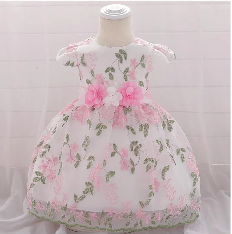 Girls fluffy princess dress in pink with cotton blend fabric and cotton lining, suitable for birthday parties and weddings, sizes 60-90cm.