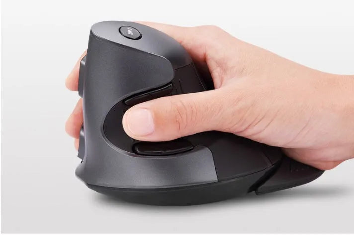 Black M618 wireless vertical ergonomic mouse on a desk, showing its contoured shape and button layout.