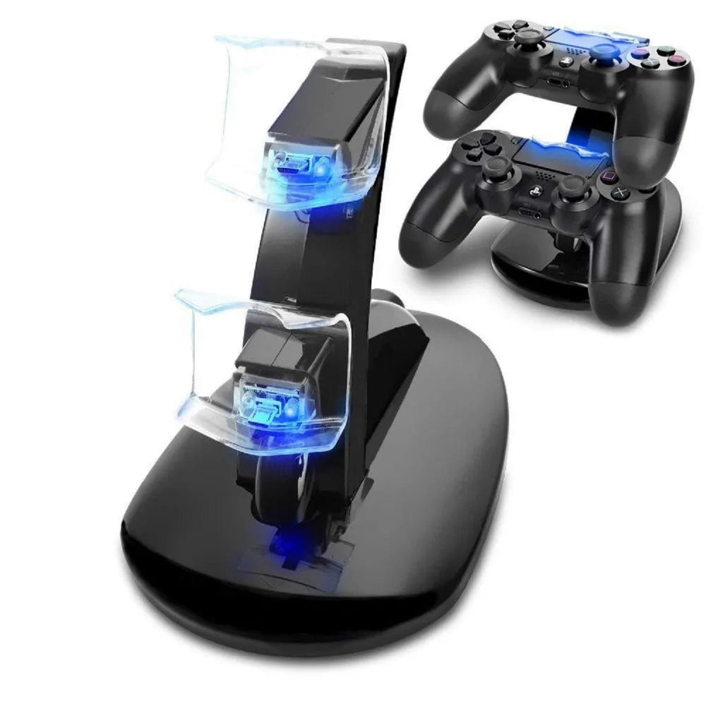 Black dual charging stand holding two Xbox One controllers upright.