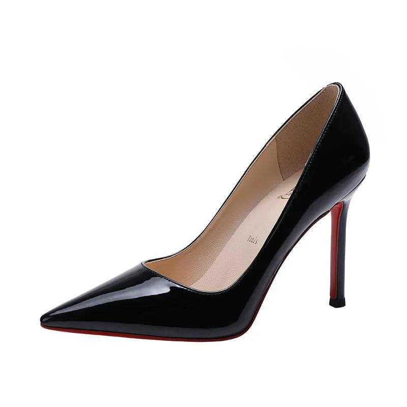 Side empty nude patent leather pointed toe women's high heels with 10cm stiletto heel