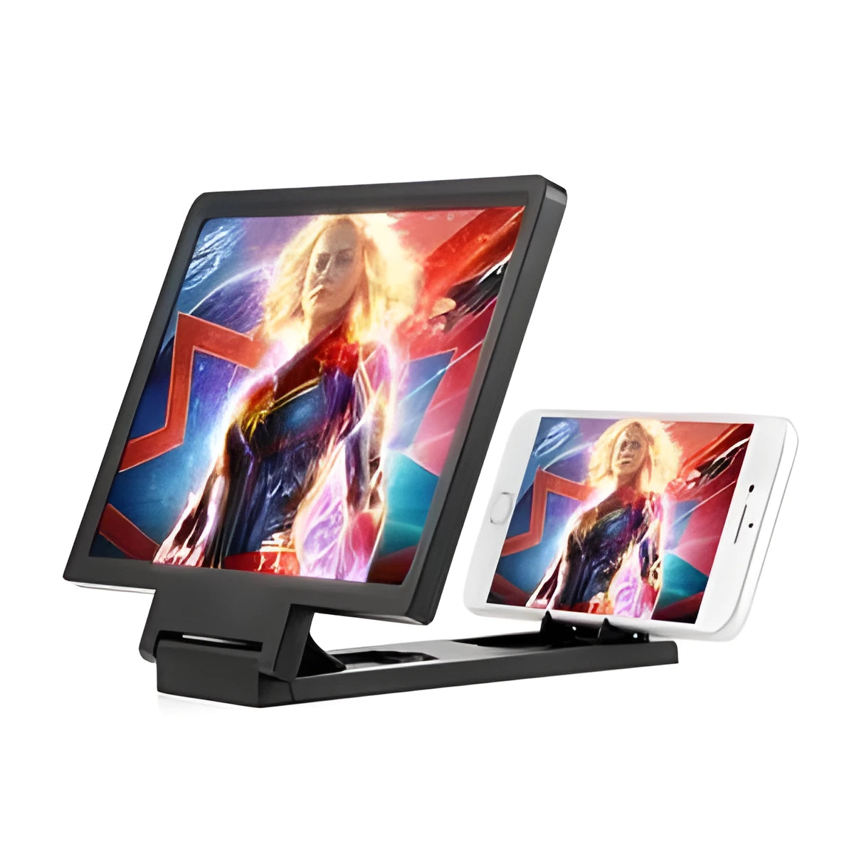 Foldable smartphone screen amplifier showing black and white colour options with 18x12cm dimensions