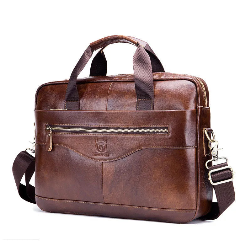 Bullcaptain 044 brown top grain cowhide leather briefcase with computer pocket, 44cm wide, on a plain background