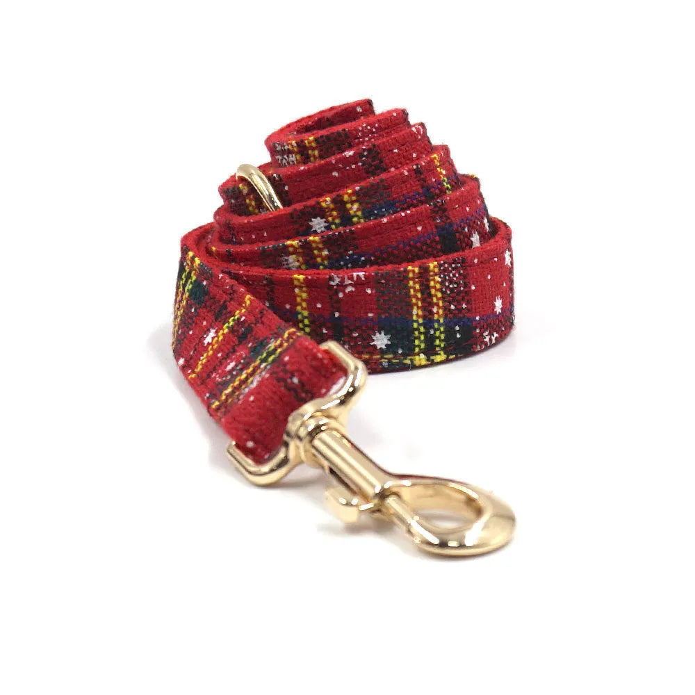 Red Christmas dog accessory set with collar, lead, bow, harness and waste bag in laser cut cloth