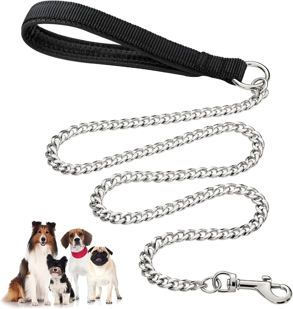 Heavy duty metal dog chain leash with a soft black padded handle.