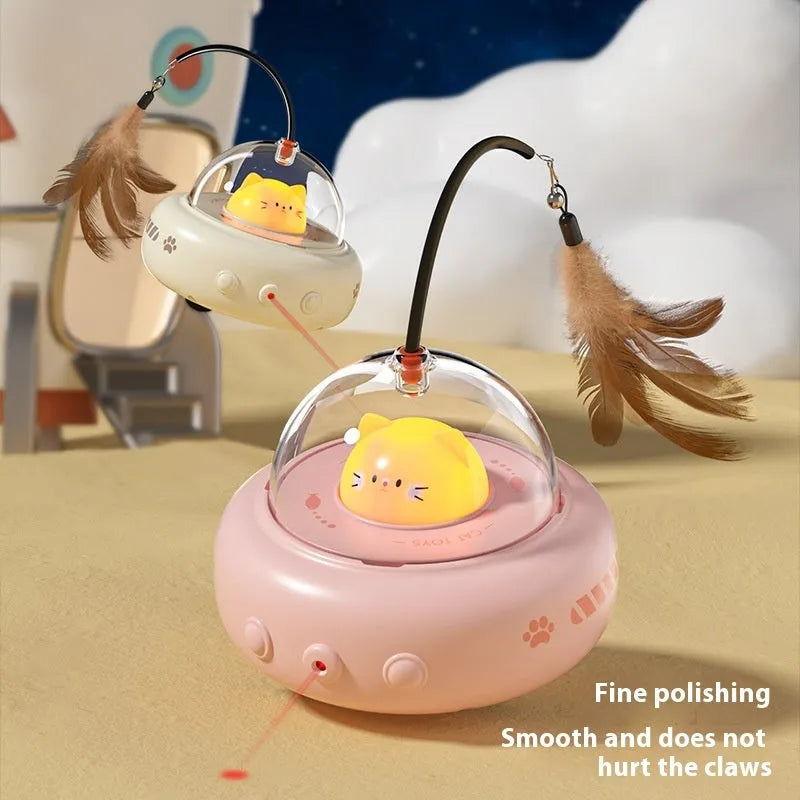 Electric UFO cat teaser toy with bell and replaceable feather in Milk Coffee colour