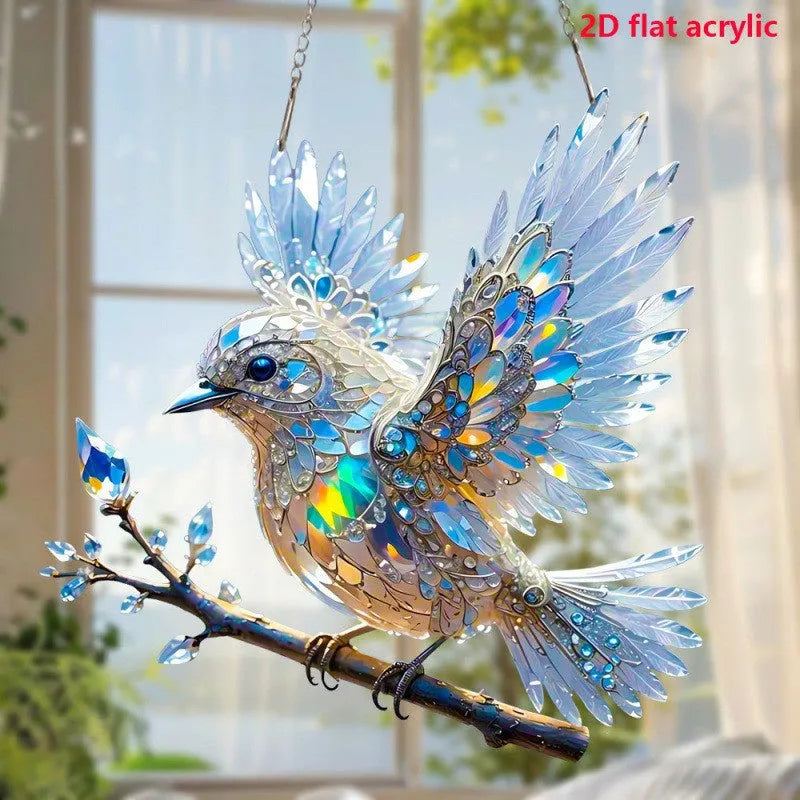 Square acrylic bird pendant with cartoon design on reinforced cardboard backing.