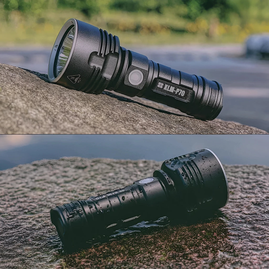 Rechargeable 20W LED torch with aluminium alloy body, focusing beam, 200-500m range, and charger