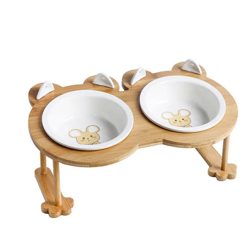 Ceramic cat bowl with bamboo rack on non-slip base, 15° tilt angle for comfortable feeding
