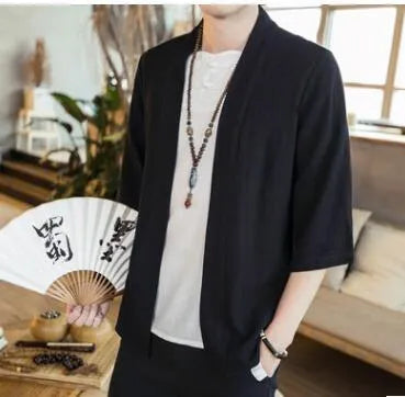 Men's Chinese style cotton linen cardigan shirt with seven-point sleeves, stand collar, and lace-up front in black or hemp colour.