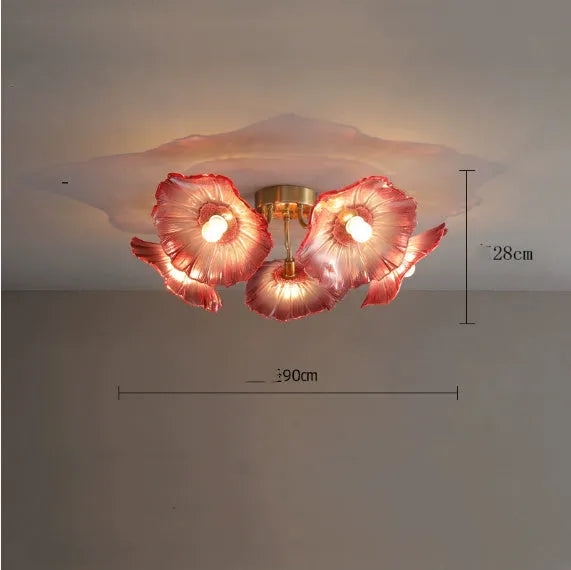 Modern creative ceiling lamp with white or purple flower heads, showing five-head and six-head options.