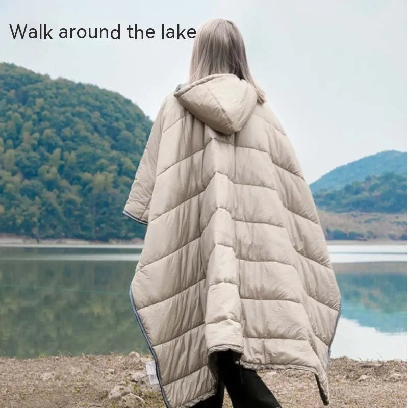 Adult outdoor cloak sleeping bag in Army Green colour with nylon fabric and hollow cotton filling