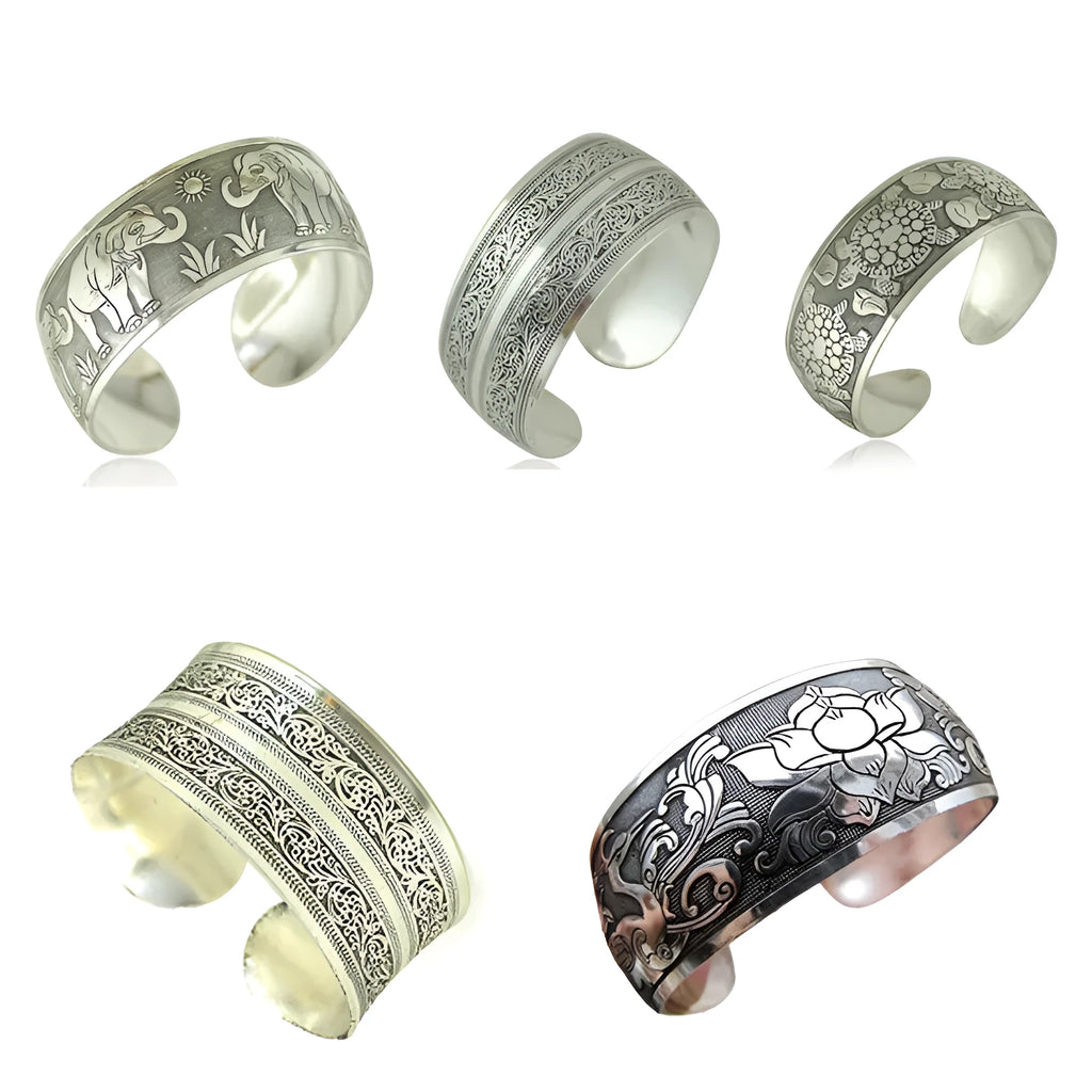 Ethnic carved open Miao silver style bracelet in alloy with Roman shape design