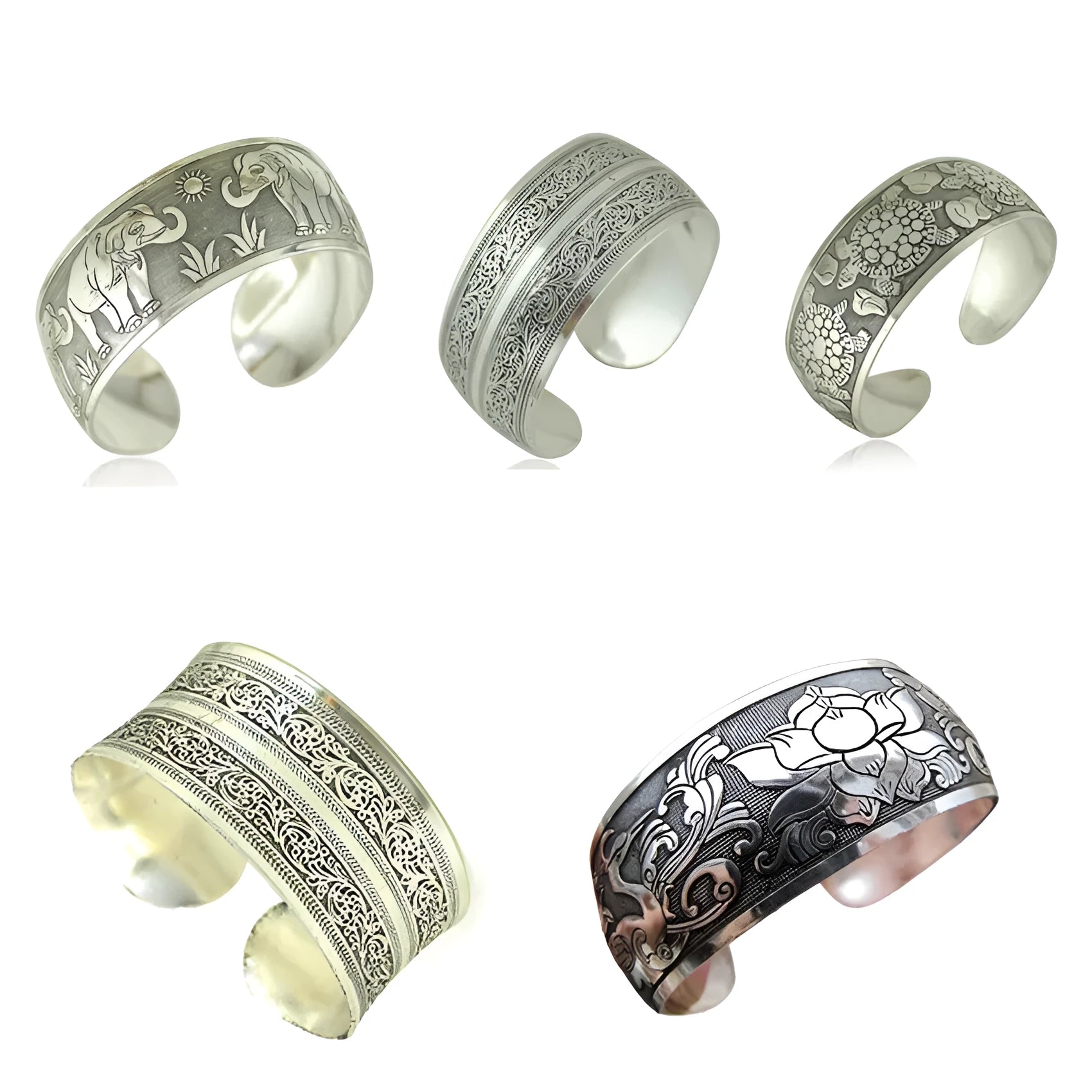 Ethnic carved open Miao silver style bracelet in alloy with Roman shape design