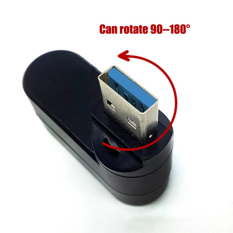 Black and white USB 3.0 rotary hub with four ports showing compact size and cable.