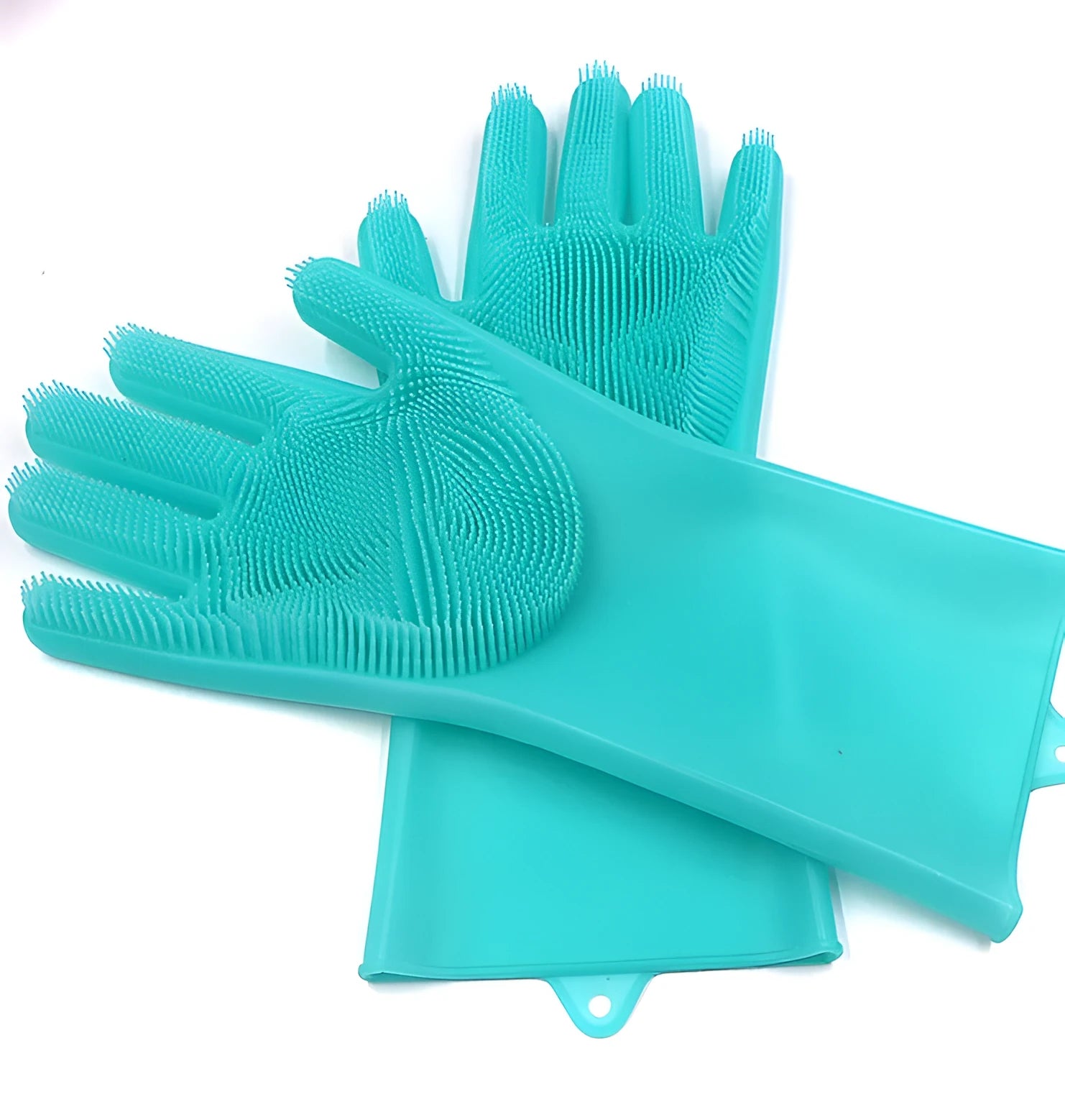 Blue silicone gloves with textured palm for scrubbing, shown on hands holding a pan.