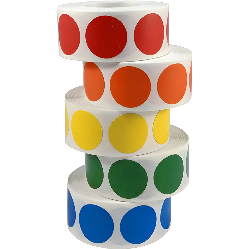 Roll of 500 chroma label colour code point stickers, each 2.5cm, in ten colours with standard permanent glue
