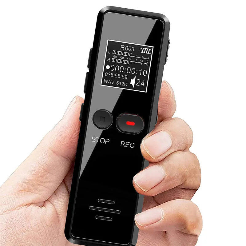 Black zinc alloy U disk voice recorder and MP3 player showing LCD screen and USB connector.