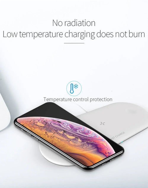 White 3-in-1 wireless charging station for Apple iPhone, watch and earbuds on a desktop