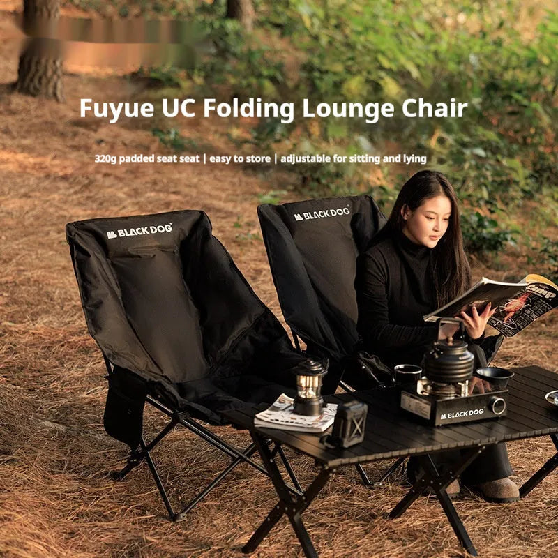 Night Black Oxford cloth portable folding moon camping chair with a thickened seat, shown in a folded position.