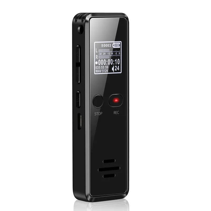 Black zinc alloy U disk voice recorder and MP3 player showing LCD screen and USB connector.
