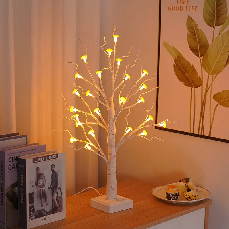 60cm tall mushroom tree LED lamp with warm light and 24 detachable flowers on birch branches