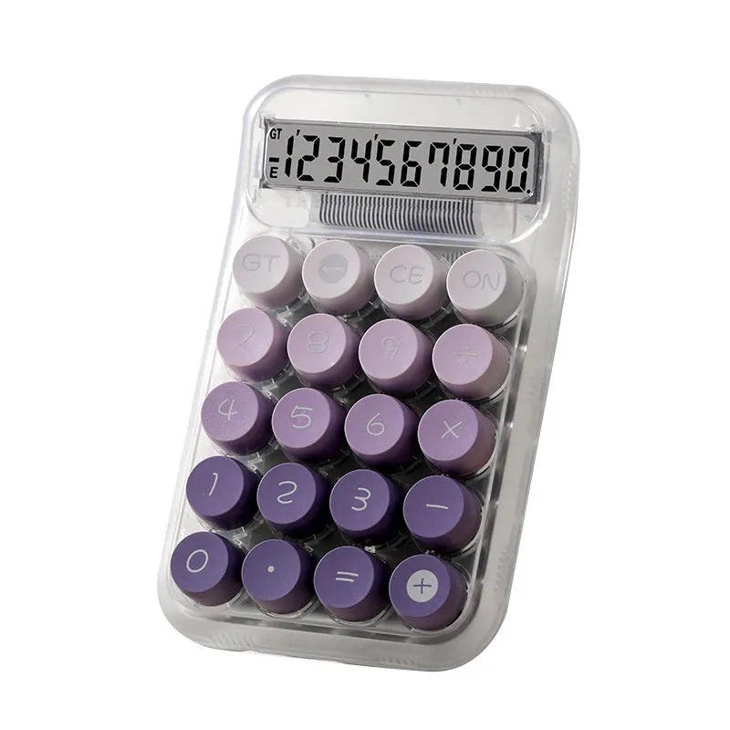 Gradient colour round mechanical keyboard calculator in muted blue, green, pink, or purple on a desk.