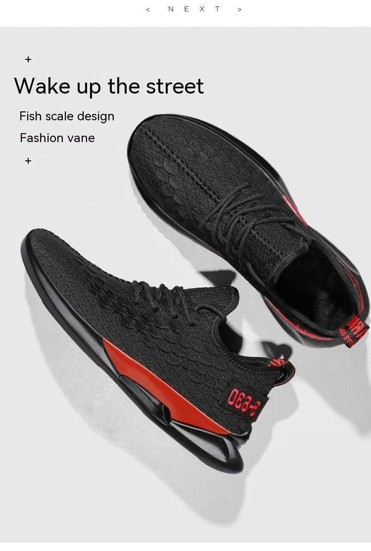 Casual breathable running shoes with mesh upper, lace-up, low-top square heel, black and white colourway