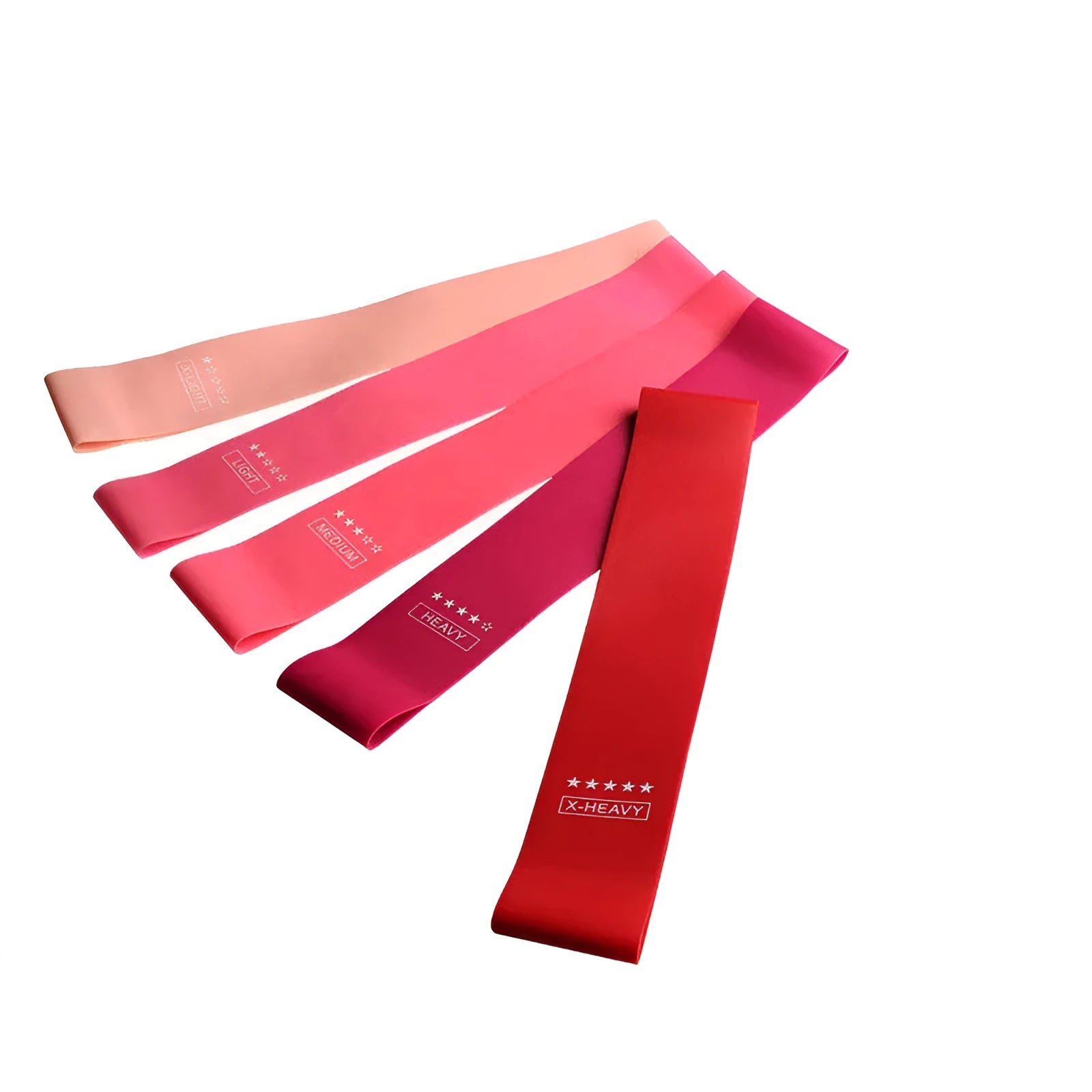 Five pink gradient latex yoga tension bands laid flat showing increasing resistance levels from light pink to rose red