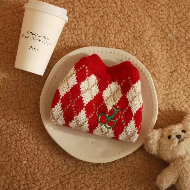 Red pet sweater with cherry diamond embroidery for dogs and cats in multiple sizes