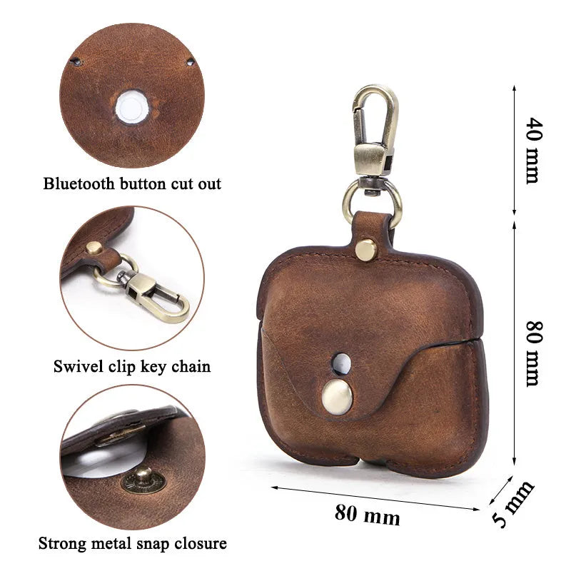 Genuine leather vintage clamshell case for AirPods Pro in brown with a crazy horse pattern texture.