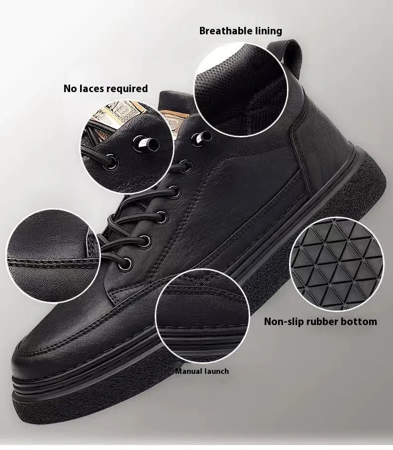 Men's black sports casual loafers with artificial PU upper and sewing line detail
