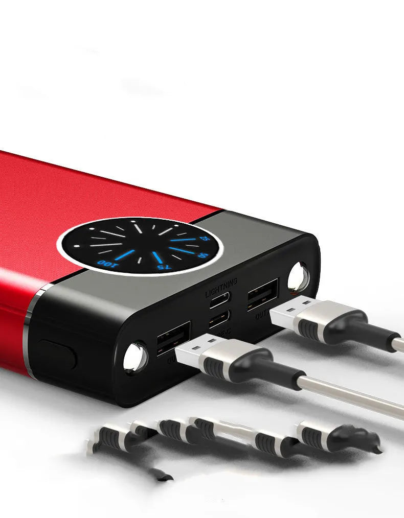 Black fast charging power bank with alloy shell showing LED light and charging ports