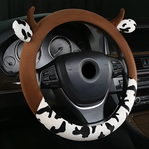 Short plush steering wheel cover in black colour showing comfortable grip surface