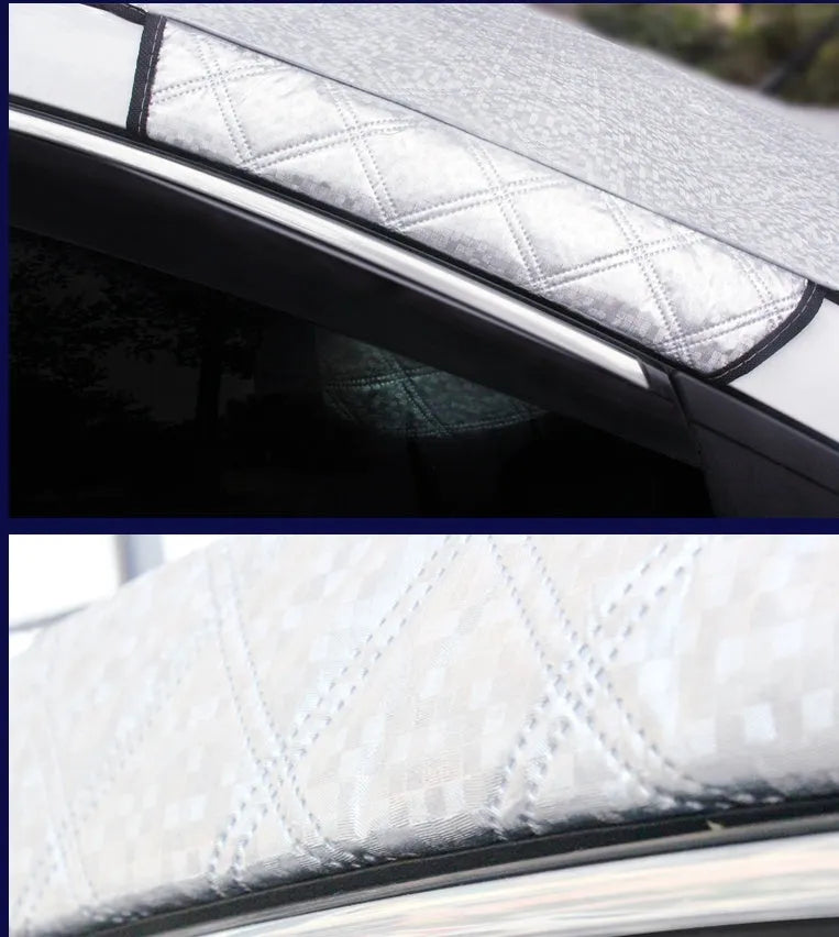 Car snow block front windshield cover in aluminized film, external anti-theft model, sizes 100x147C and 143X93.