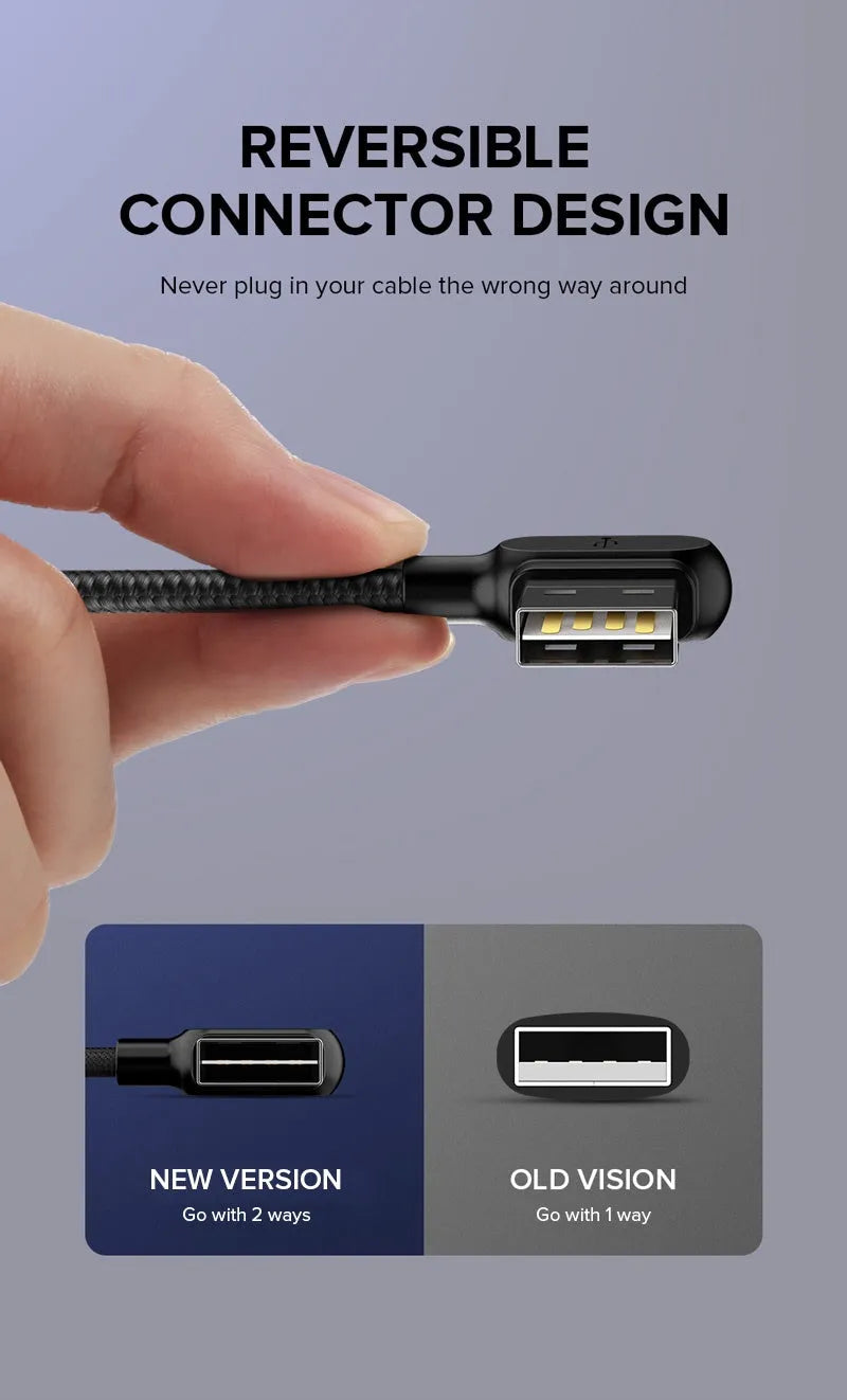 Black USB cable with 90-degree elbow connector and braided wire for fast charging phones