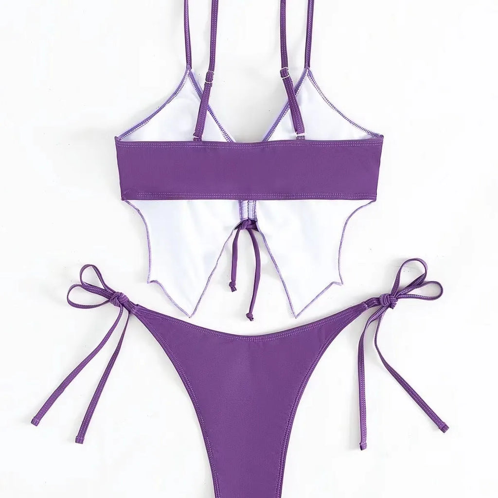 Women's purple bikini set with sleeveless top and split briefs in bow ins style
