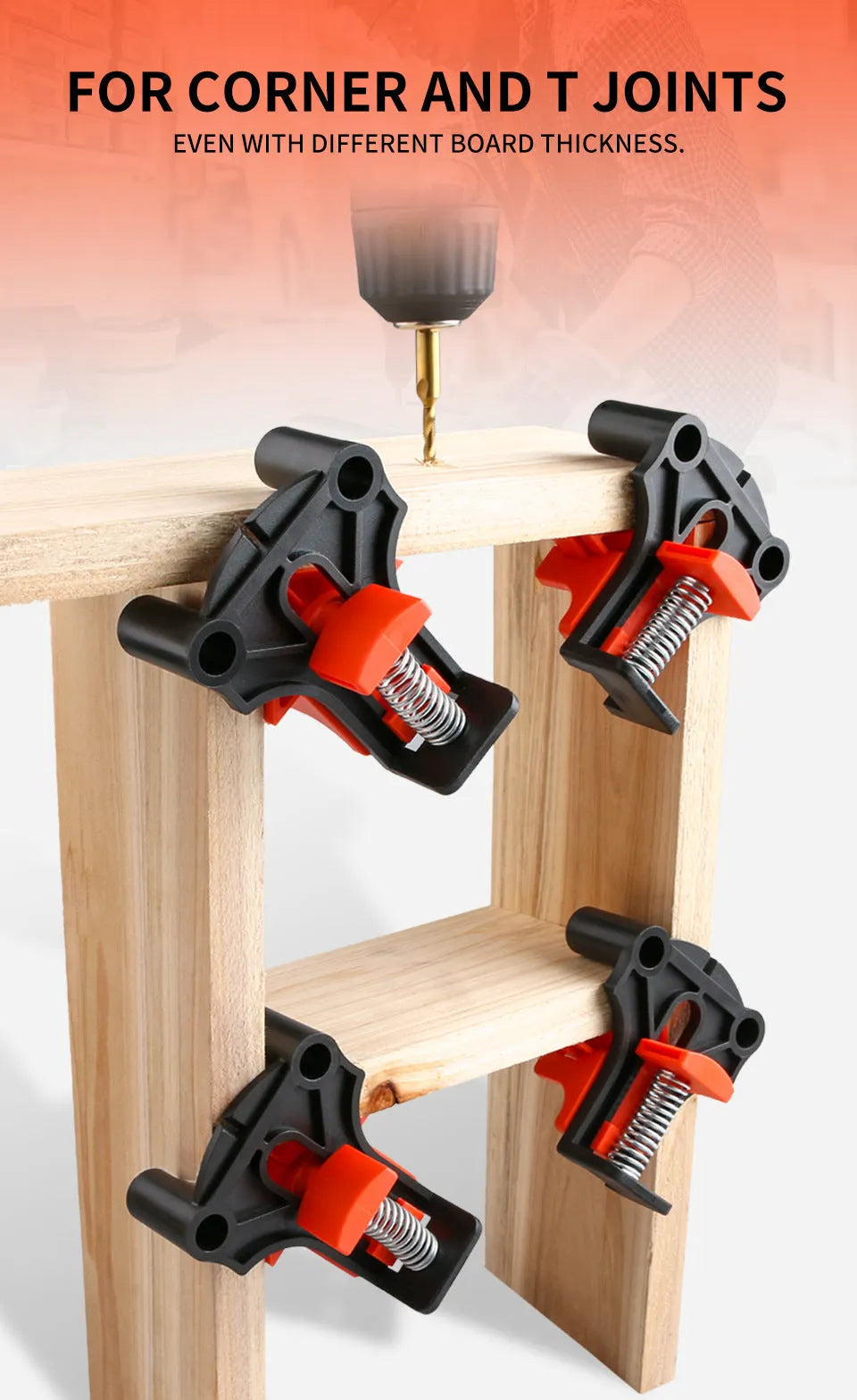 Four plastic 90-degree right angle wood clamps for frame and box assembly.