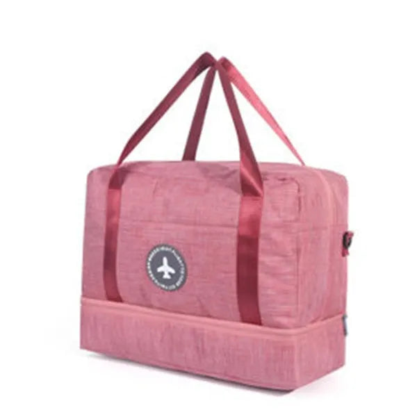 Dry and wet separation travel bag in purple made of waterproof cationic Oxford cloth, showing cube shape with double chambers