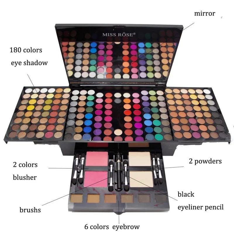 Piano-shaped open makeup palette showing 180 eyeshadows, blushers, and face powders
