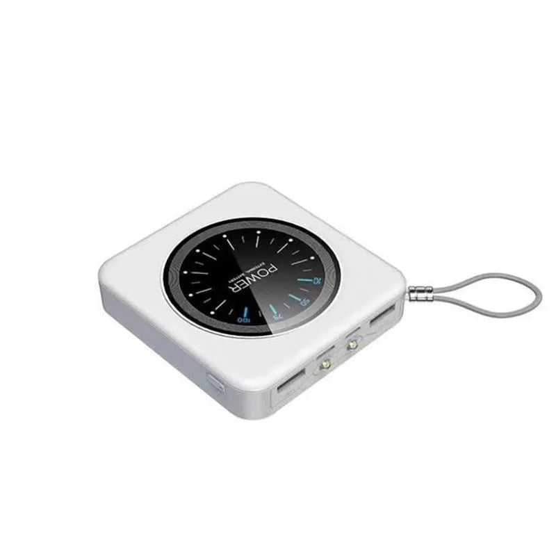 Slim mint green alloy power bank with digital clock display showing time and dual USB ports