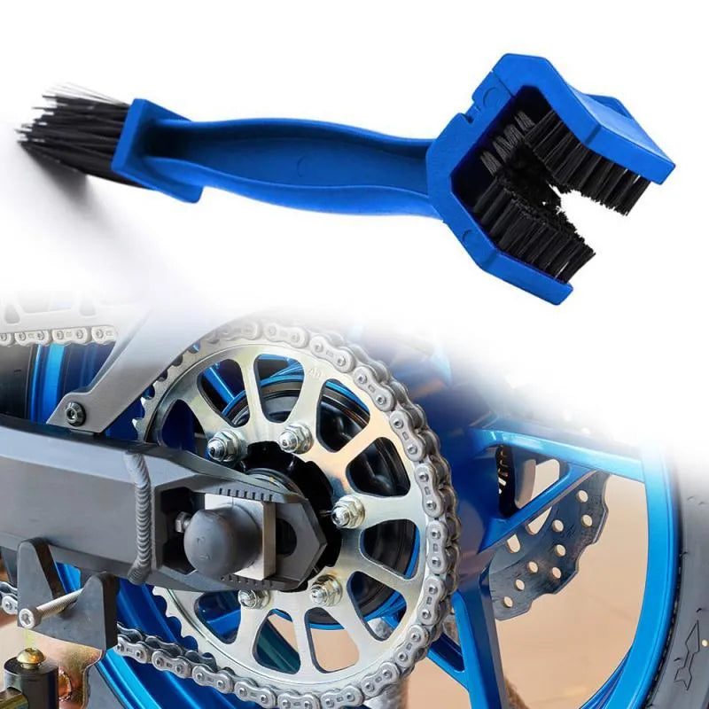 Blue plastic steel bicycle and motorcycle chain brush with compact bristle head