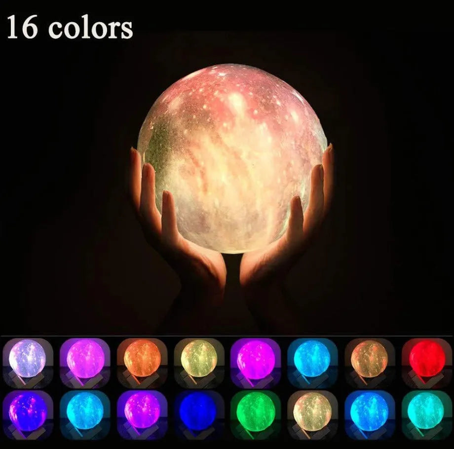 3D-printed lunar sphere night light showing colour-changing LEDs with a remote control.