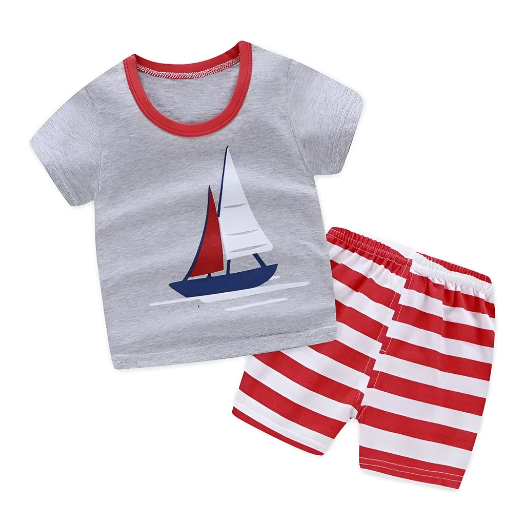 Grey cotton striped two-piece home outfit with soft treatment and moisture wicking feature